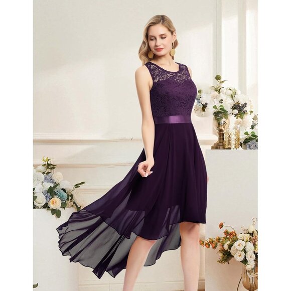 BeryLove Women Grape Chiffon Scoop Neck Sleeveless Lace Cocktail Dress - Picture 2 of 7